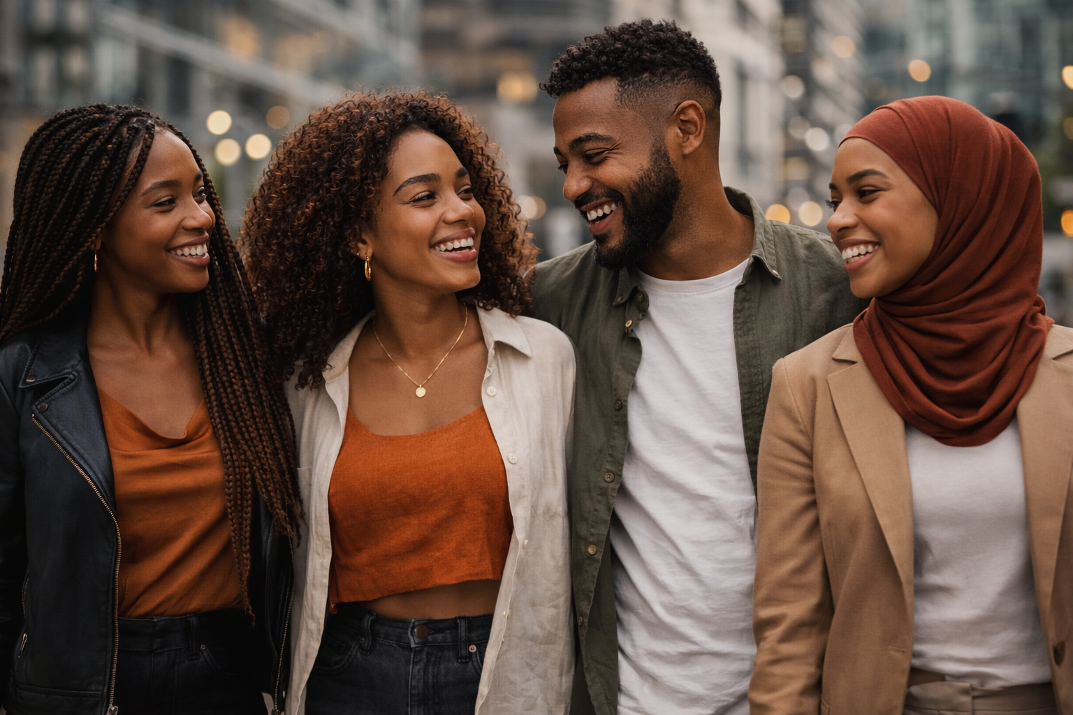 Diverse African diaspora friends in urban outdoor setting