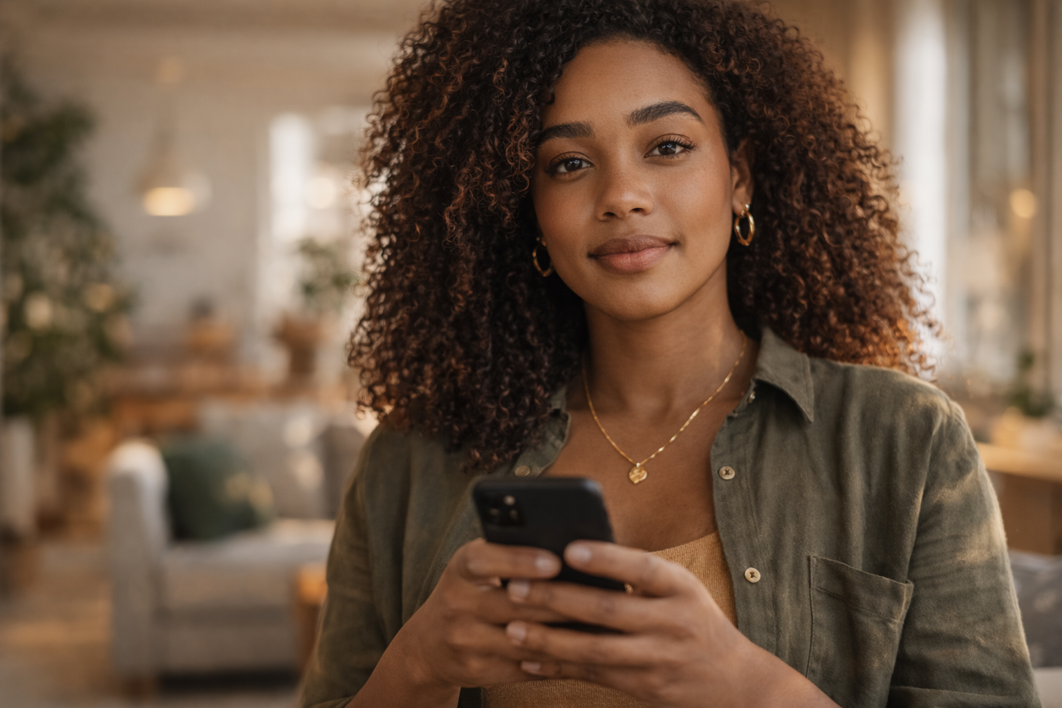 Black woman using phone indoors, calm and confident